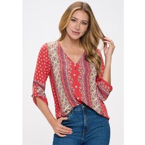 West Kei Boho Tie Front Blouse Red Printed 3/4 Sleeve Medium M Top